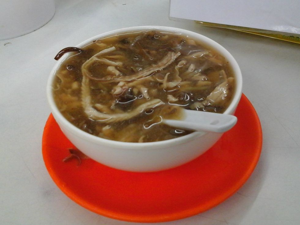 Photo of a bowl of snake soup on a red plate