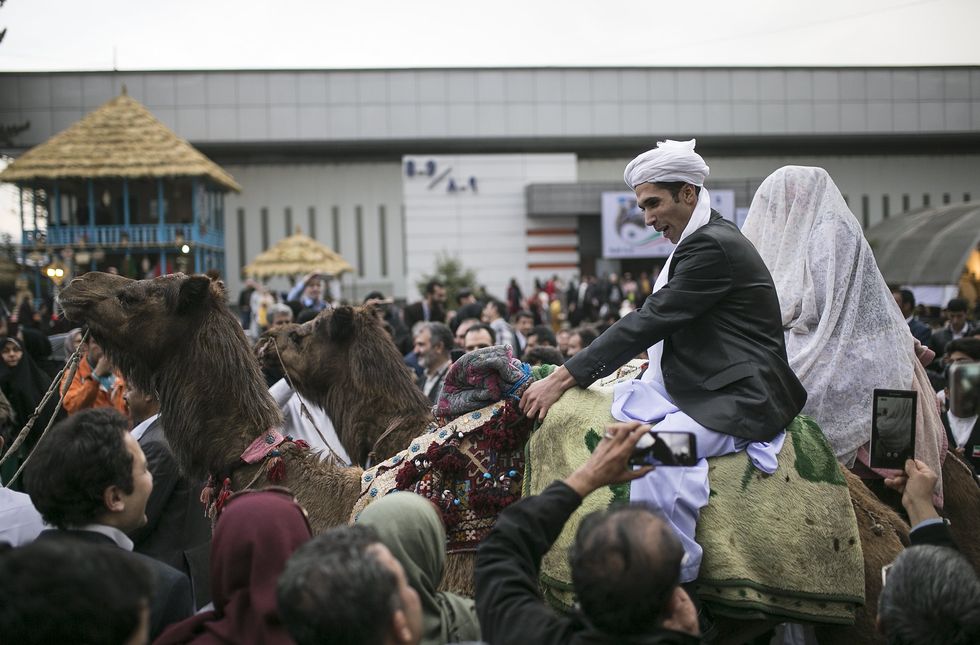 Photo of a bride and groom on camelback in Tehran, Iran, as part of a traditional wedding