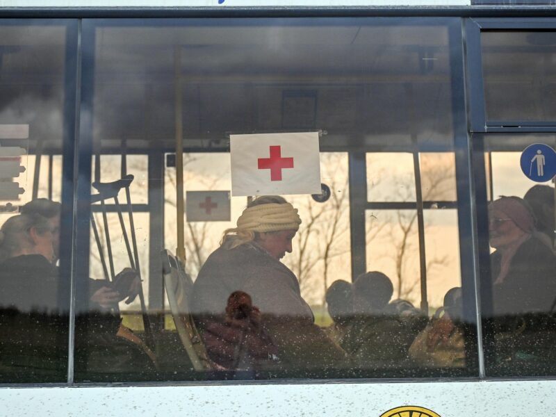 Photo of a bus transporting a group of Mariupol residents heading for Zaporizhzhia, southeastern Ukraine.
