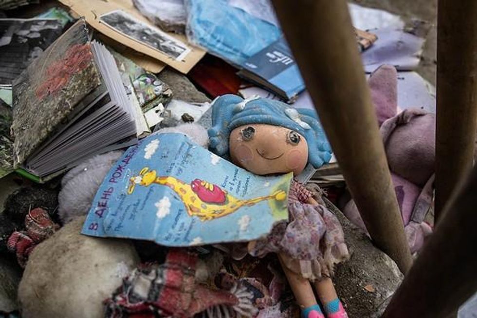 Photo of a doll found in the rumble of an apartment block in Dnipro, Central Ukraine