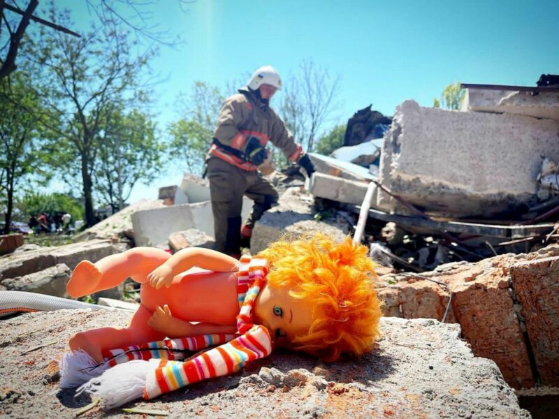 Photo of a doll in the rubble, aftermath of shelling in Mykolaiv, Ukraine