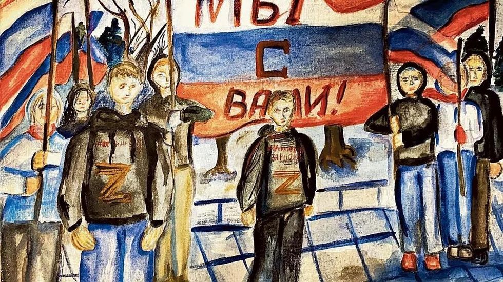 Photo of a drawing found in a school praising Russia's invasion