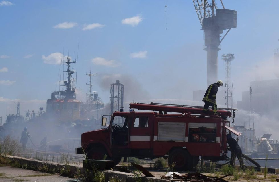 Photo of a fire truck in the Odessa port after Russian missile