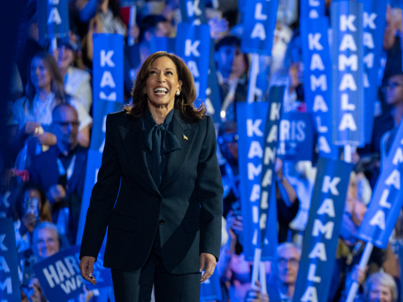 Photo of a Kamala Harris walking onstage at a rally, with a crowd of people waving blue signs reading "Kamala" in the background