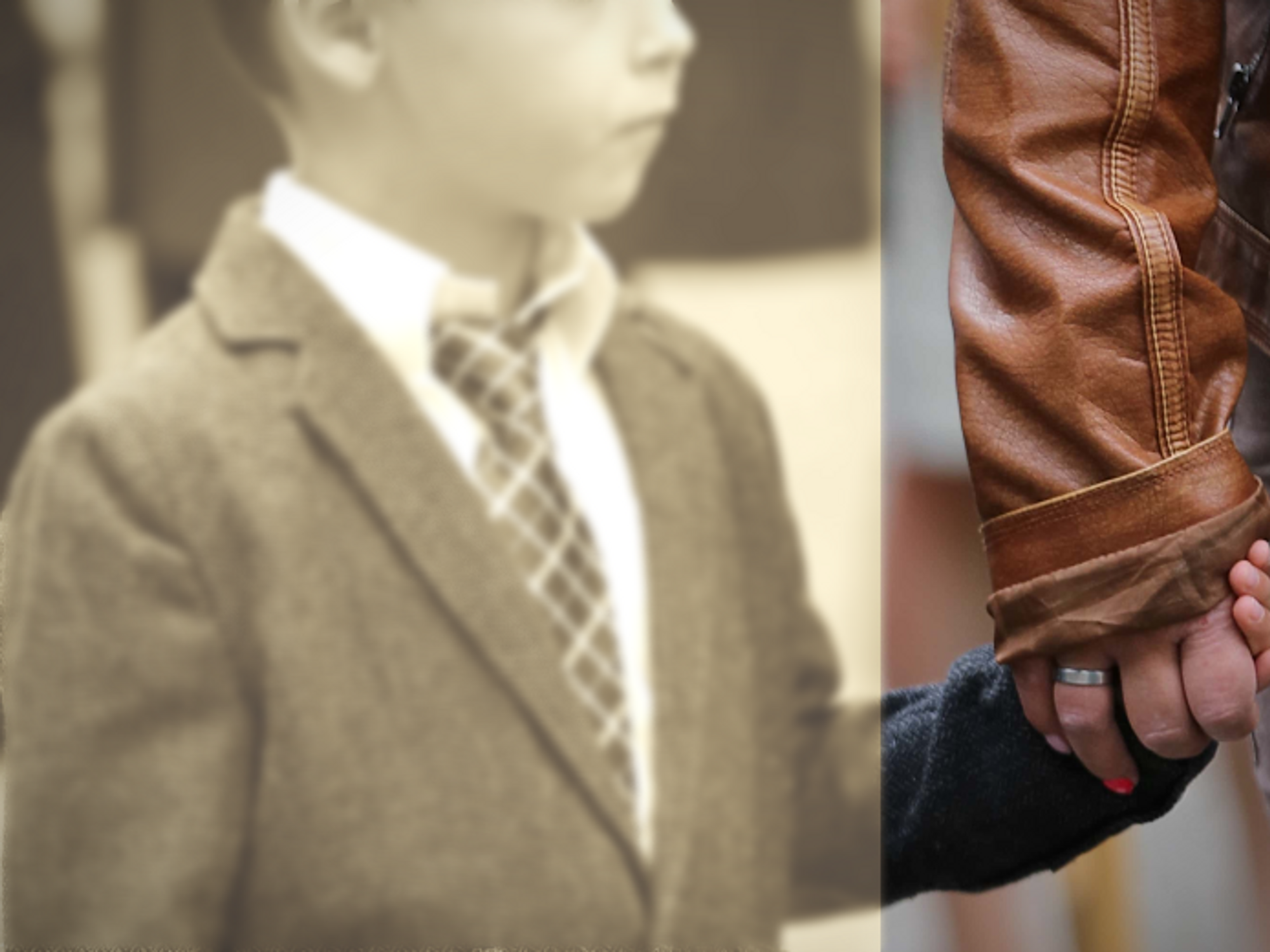 Photo of a kid wearing a suit holding hands with his mum.