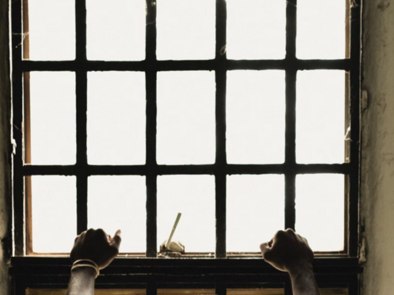 Photo of a man holding prison bars in his cell