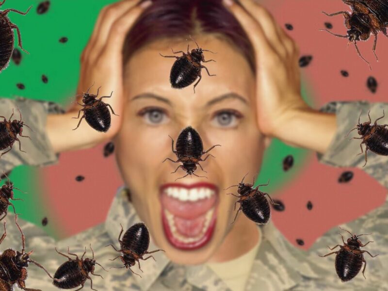 Photo of a person screaming due to bed bugs