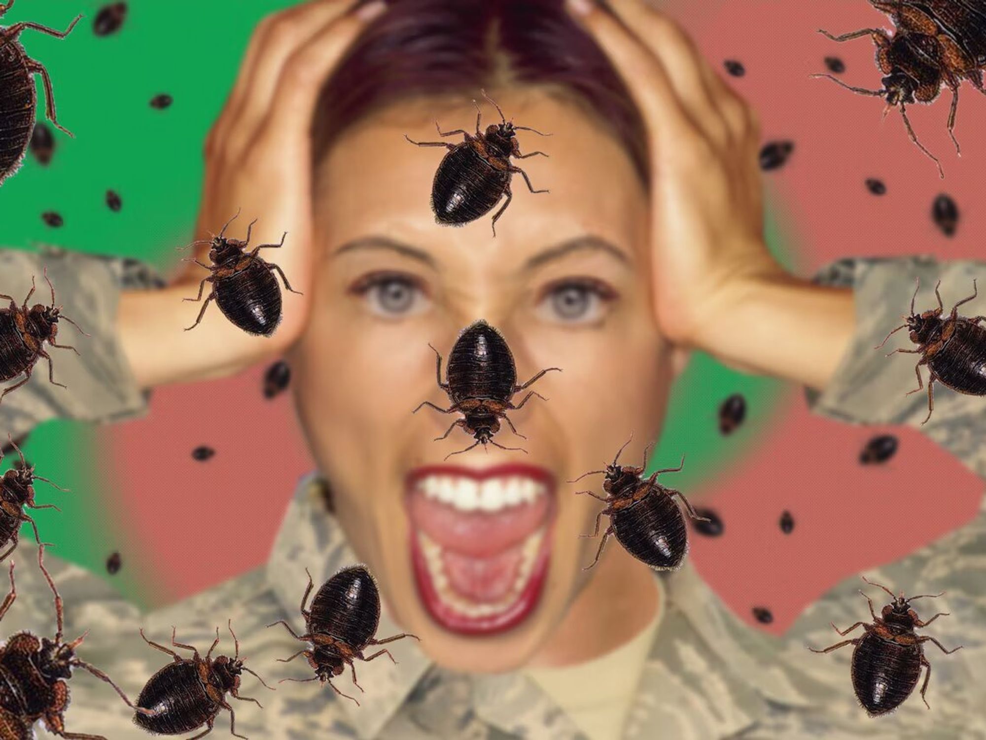 Photo of a person screaming due to bed bugs