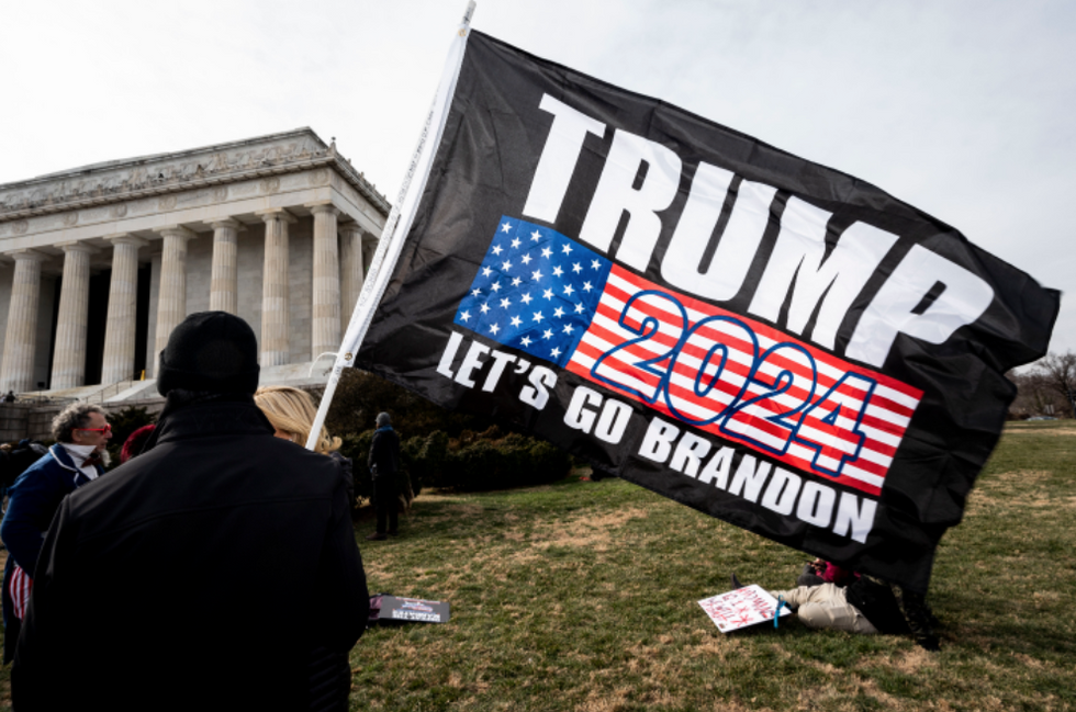Photo of a protester flying a "Trump 2024" flag in Washington, D.C., on Jan. 23