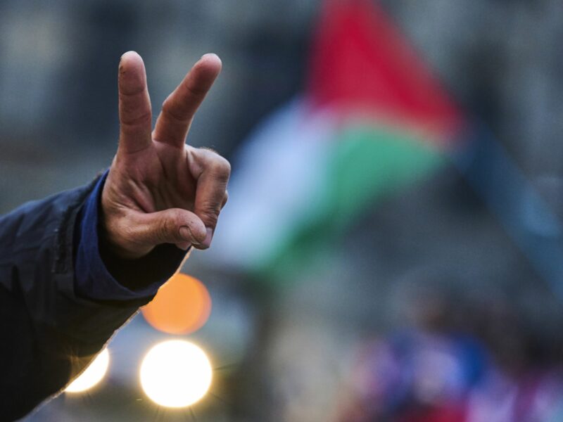 Photo of a protester throwing a peace sign during a pro-Palestinian demonstration in Amsterdam, Netherland. In the background, a flag of Palestine is waving.