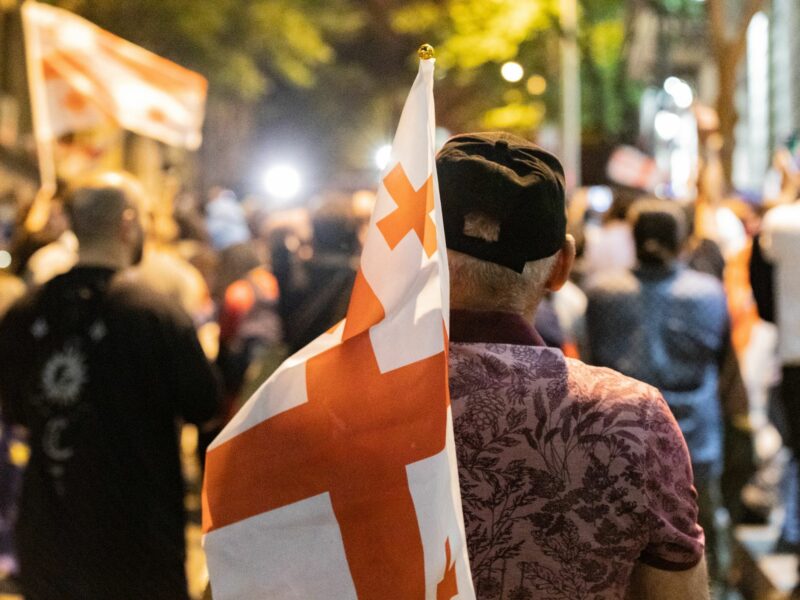 Photo of a protester with a Georgian flag taking part in a protest in Tbilisi on April 28