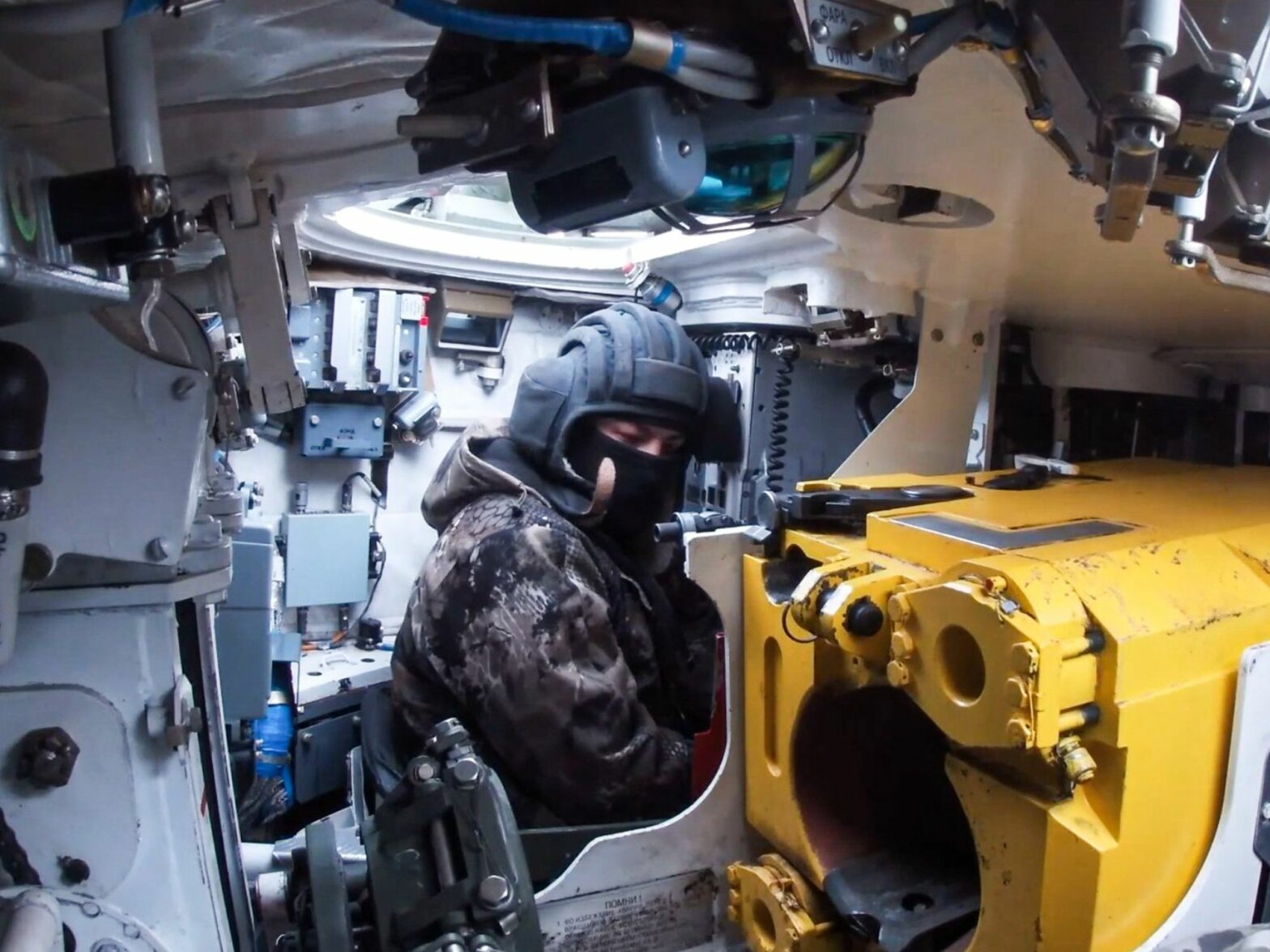 Photo of a Russian Western Military District soldier inside a tank during a mission in Ukraine on March 7