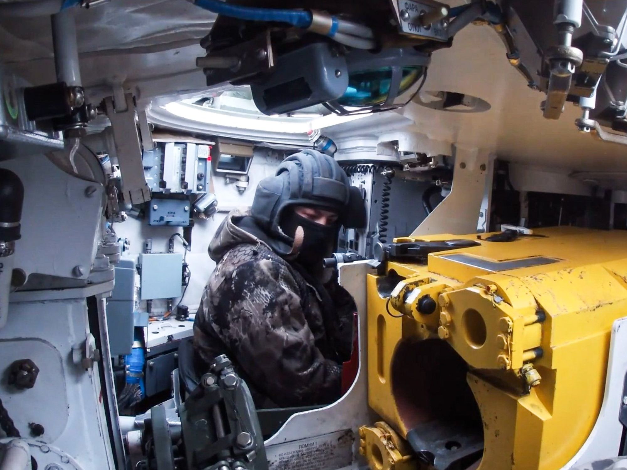 Photo of a Russian Western Military District soldier inside a tank during a mission in Ukraine on March 7
