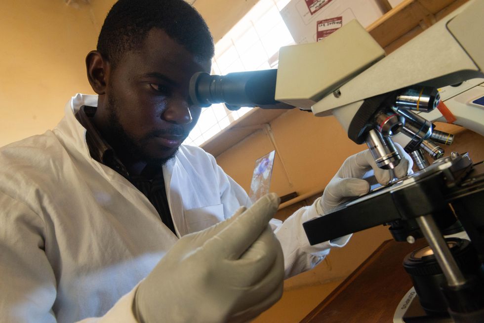 Photo of a scientist looking in a microscope in a lab in Mwense, Zambia
