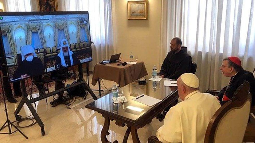Photo of a teleconference call between ​Pope Francis and Patriarch Kirill on March 17