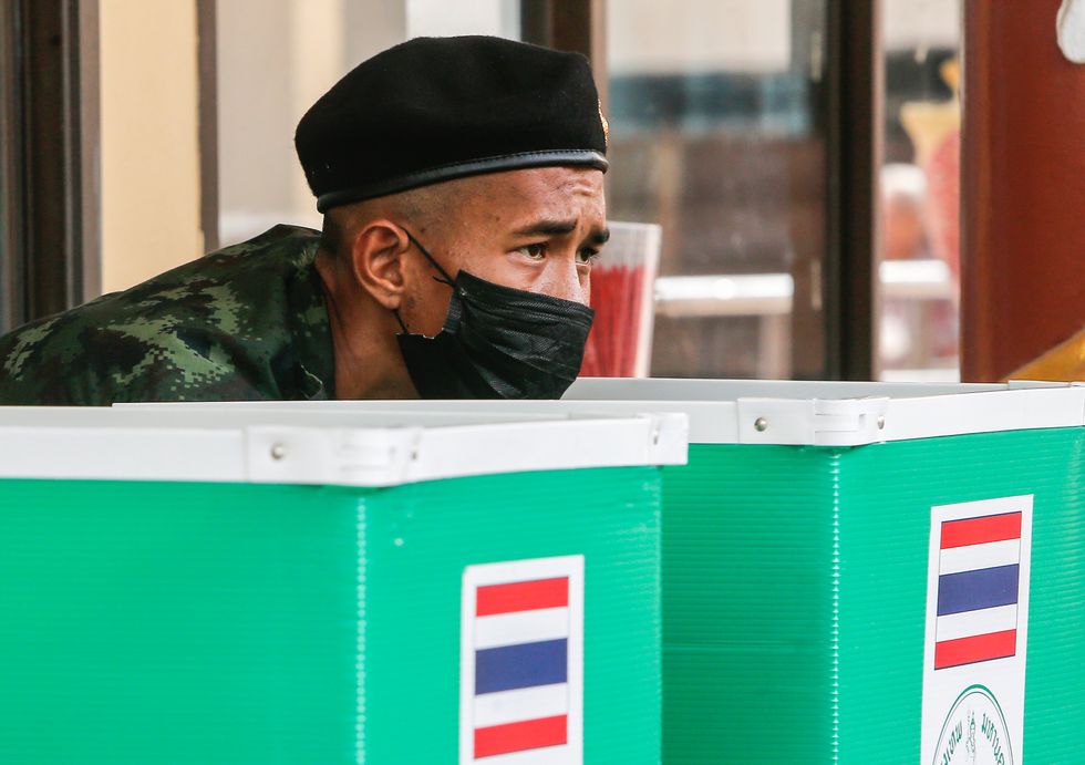 Photo of a Thai soldier voting in Bangkok, Thailand, on May 14.