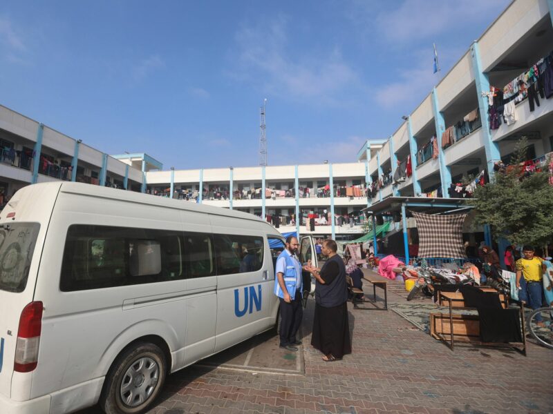 Photo of a UNRWA vehicle parked in the playground of a school in Khan Younis, in southern Gaza.