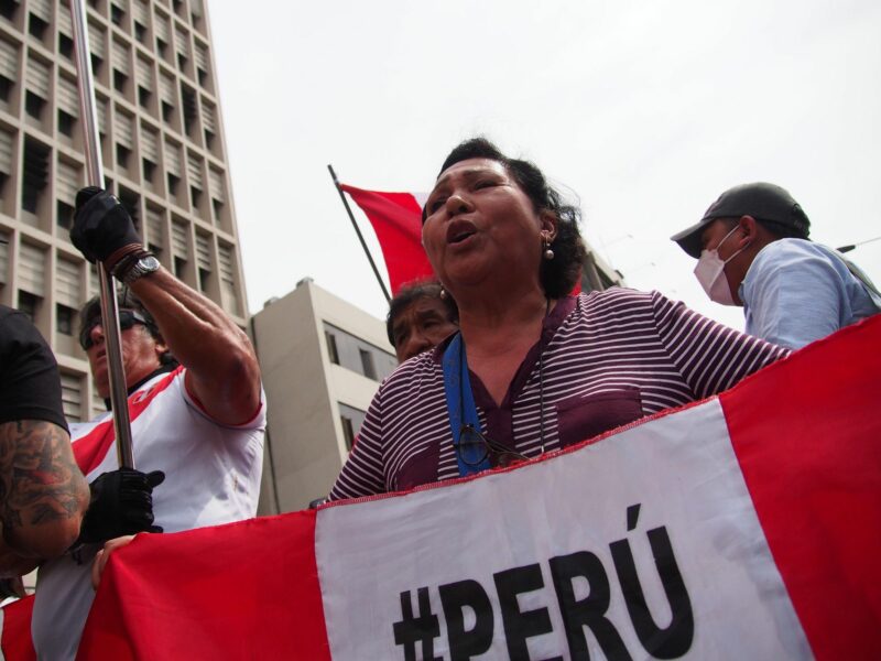 Photo of a woman carrying a flag of Peru at a protest celebrating the removal of President Pedro Castillo in Lima, Peru, on Dec. 7