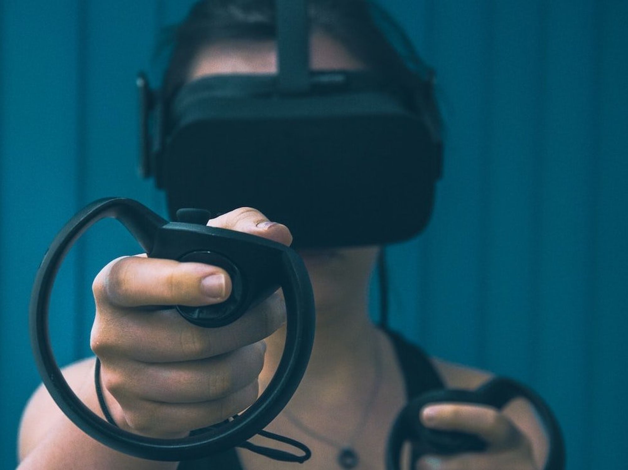 Photo of a woman wearing an augmented reality visor.