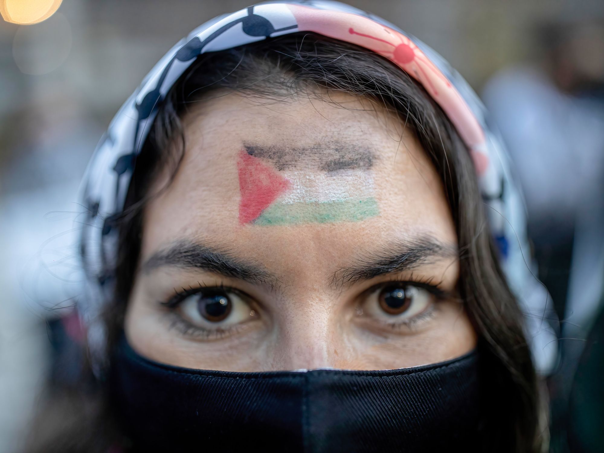 Photo of a woman with a Palestinian flag painted on her face during a rally