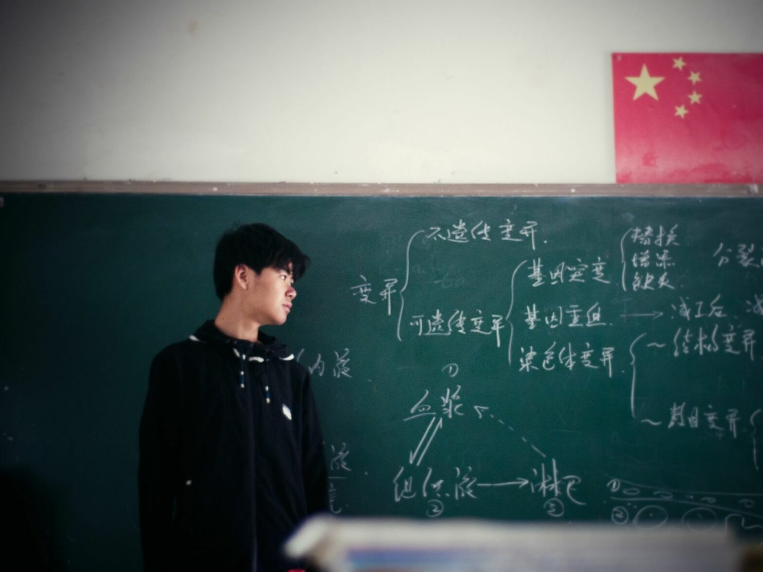 Photo of a young Chinese man looking at a blackboard with a flag of China above