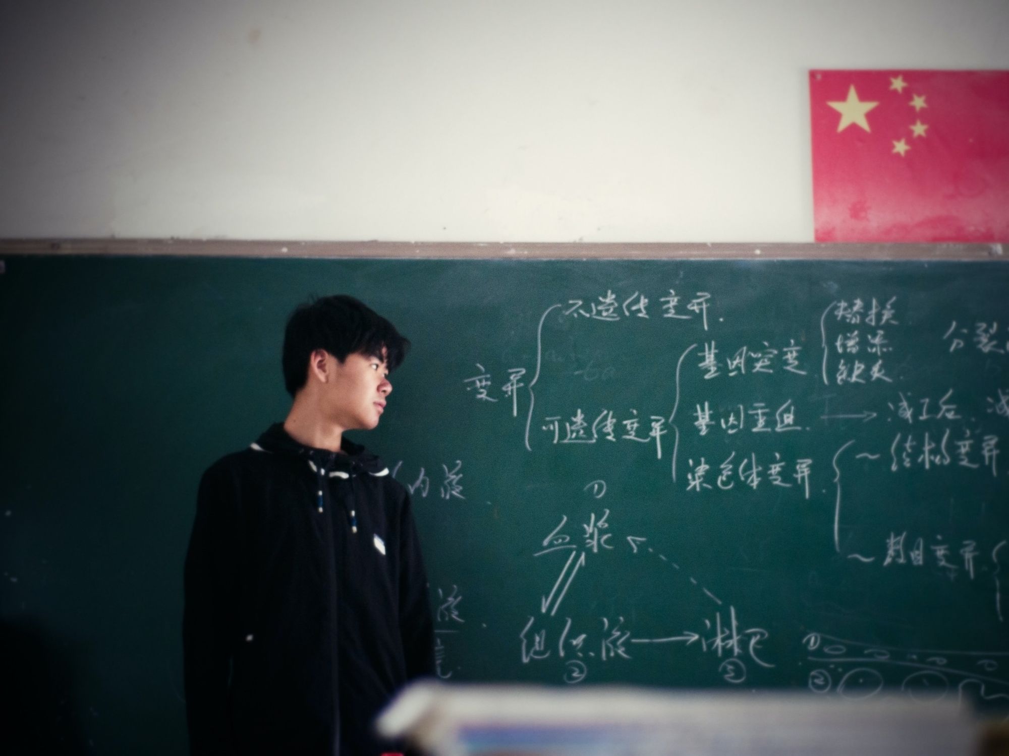 Photo of a young Chinese man looking at a blackboard with a flag of China above
