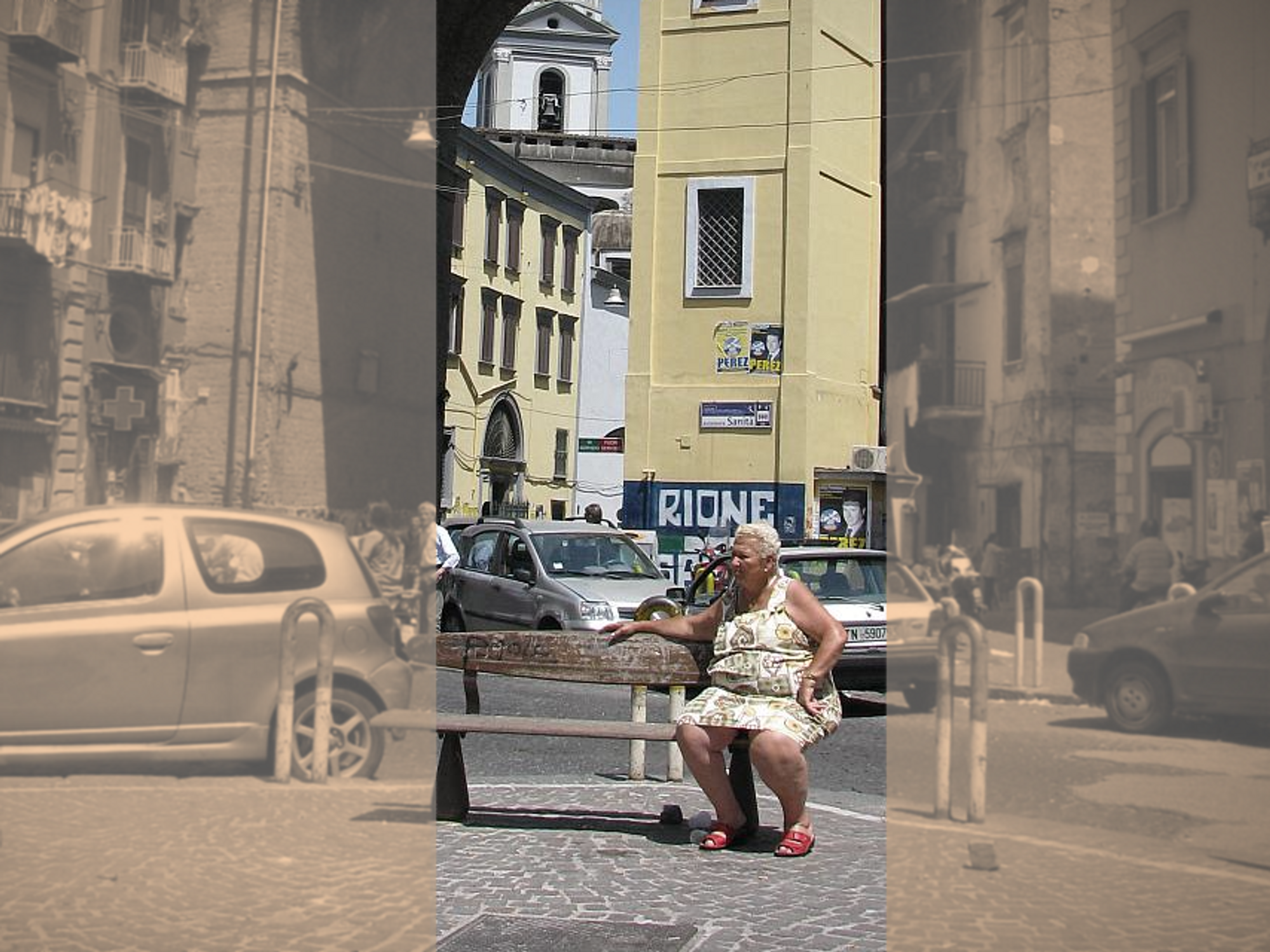 Photo of an elderly woman sat on a bench in Sanità, Naples