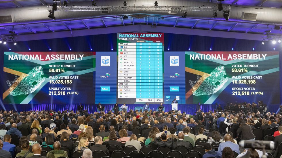 Photo of an electronic screen showing the final results in South Africa's general election