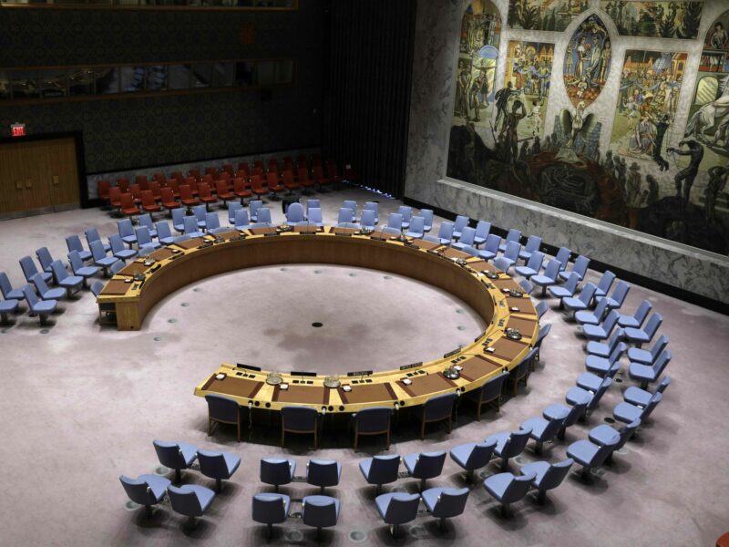 Photo of an empty Security Council chamber at the United Nations headquarters in New York.