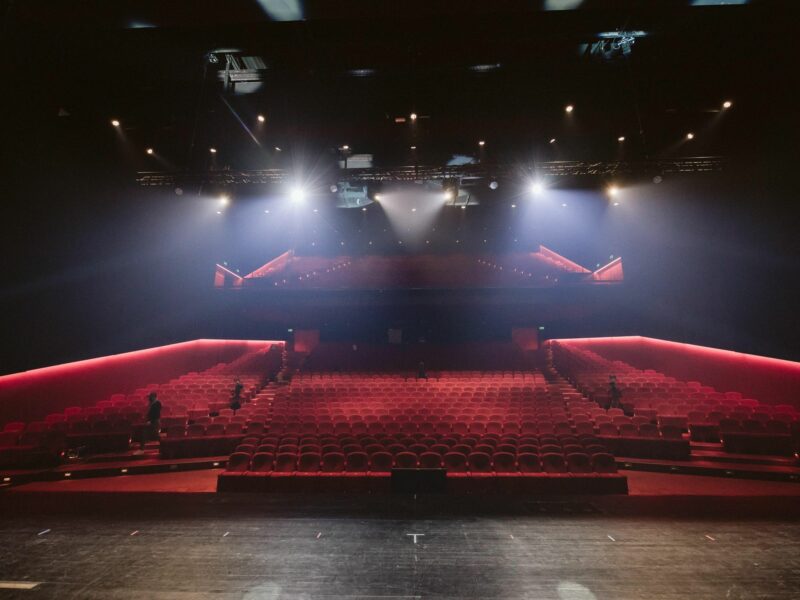 Photo of an empty theater with red seats