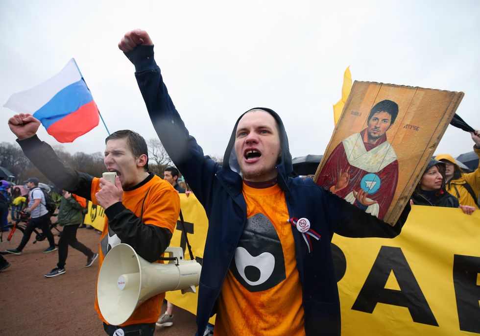 Photo of an image of Telegram founder Durov during a May Day celebration in 2018
