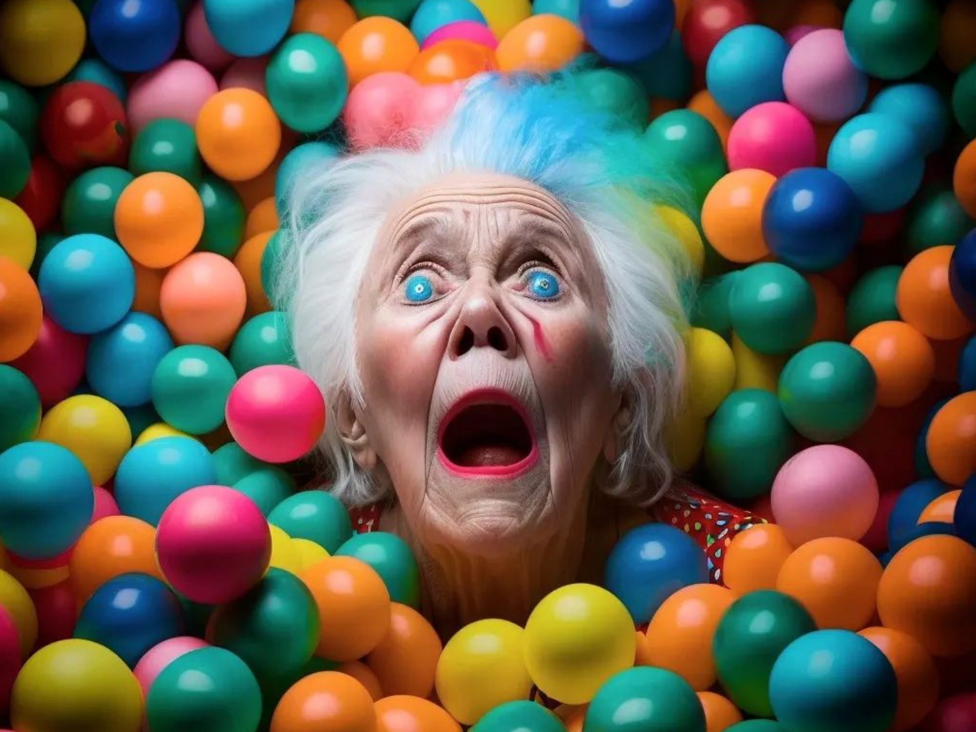 Photo of an old creepy woman in a sea of colorful balloons.