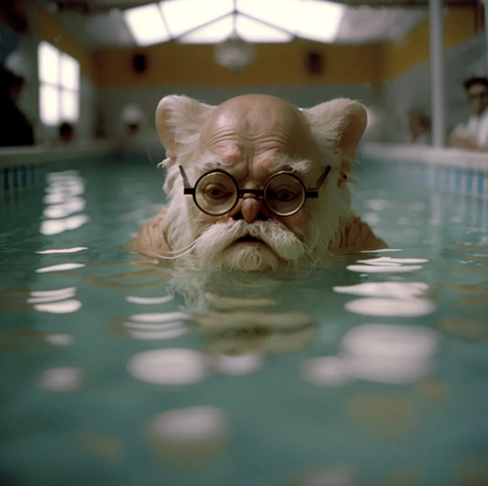 Photo of an old man with glasses in a pool.