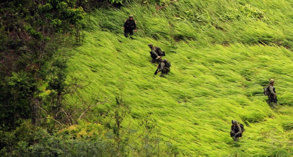 Photo of anti-drug police destroying cocaine processing labs