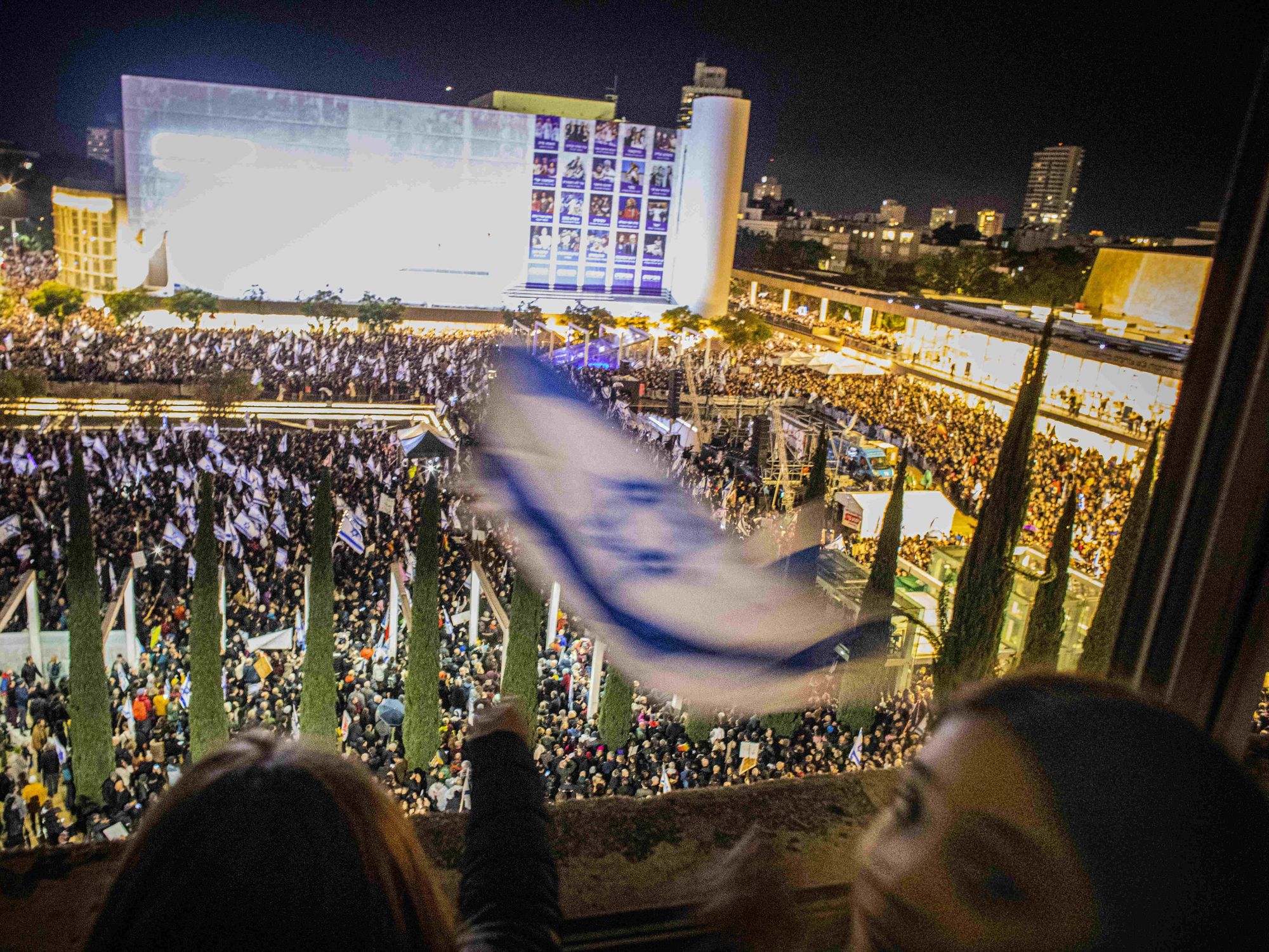 Photo of at Habima Square, protesting Prime Minister Benjamin Netanyahu's government judicial reform plan.