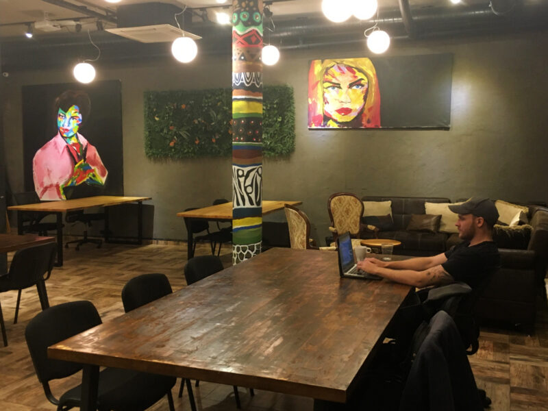 Photo of author Carl Karlsson working in a shared office in Sofia, Bulgaria