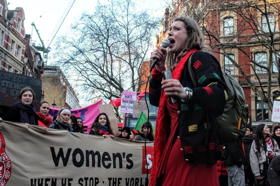 Photo of Candance Chávez protesting at 2020 London women's strike