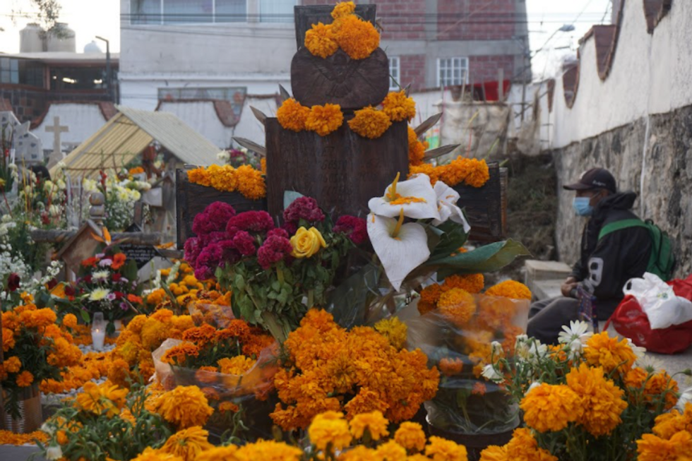 Photo of Cempasúchil flowers decorating a graveyard in Mexico City during Dia de Muertos celebrations