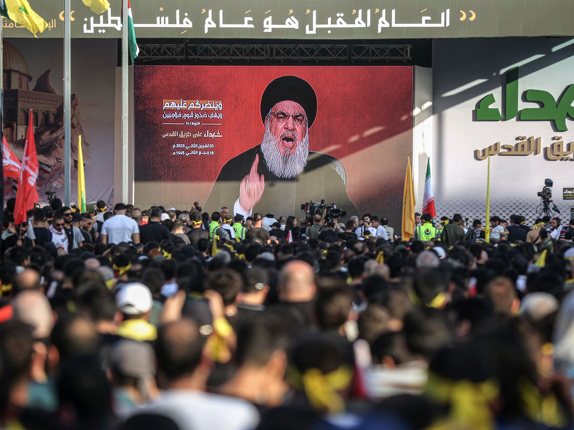 Photo of crowd listening to Hezbollah leader Hassan Nasrallah speech in Lebanon​