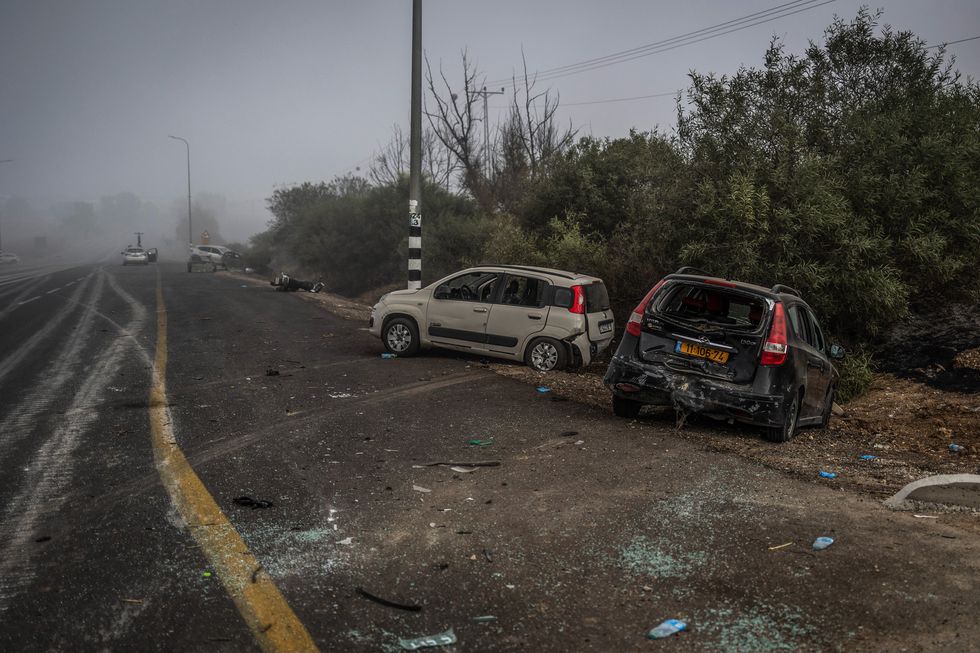 Photo of destroyed cars after a deadly attack on a police station in Sderot on Oct. 8