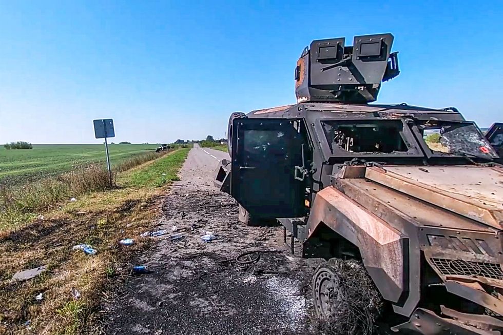 Photo of destroyed military vehicles near Kursk after battle between Ukrainian and Russian forces.