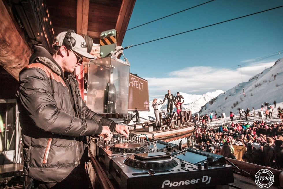 Photo of ​DJ at restaurant/bar La Fruitière plays a set at La Folie Douce Val d'Isère, France, Feb. 12, 2019.