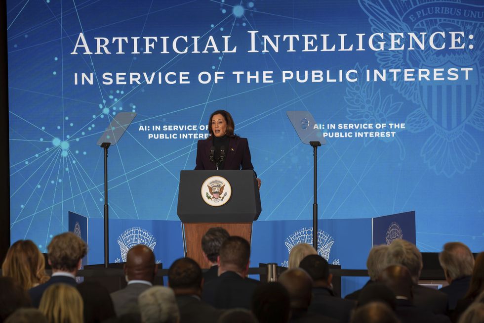 Photo of ​​U.S. Vice President Kamala Harris delivering remarks on Artificial Intelligence at London's U.S. Embassy on Nov. 1.