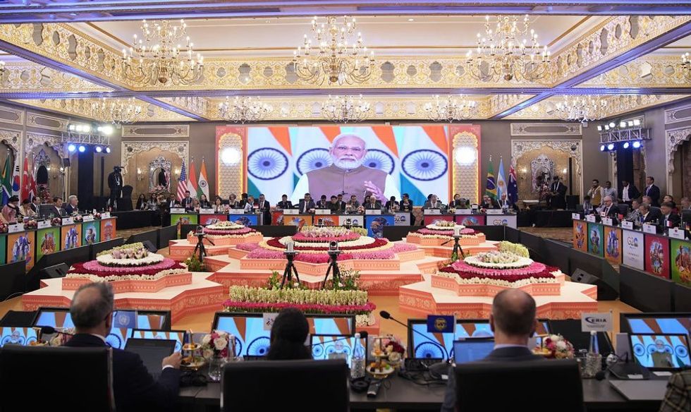 Photo of ​India's Prime Minister Narendra Modi speaking at a conference ahead of the G20 Summit in New Delhi