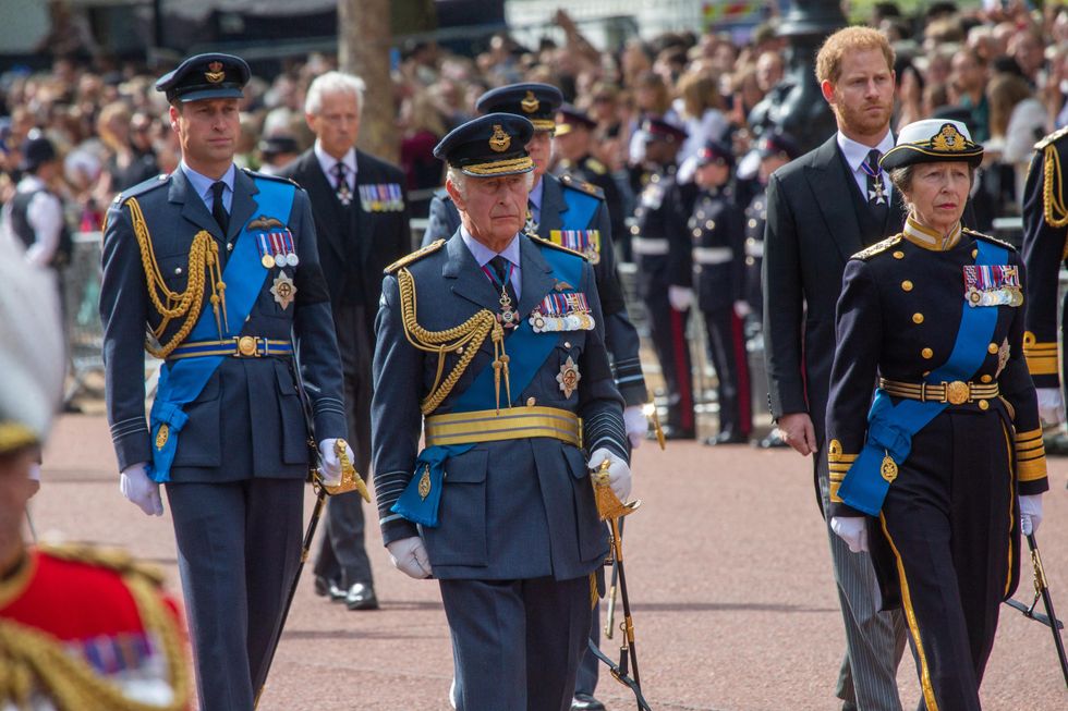 Photo of ​King Charles III and his sons and sister walking during the ceremonial procession from Buckingham Palace to Westminster Hall