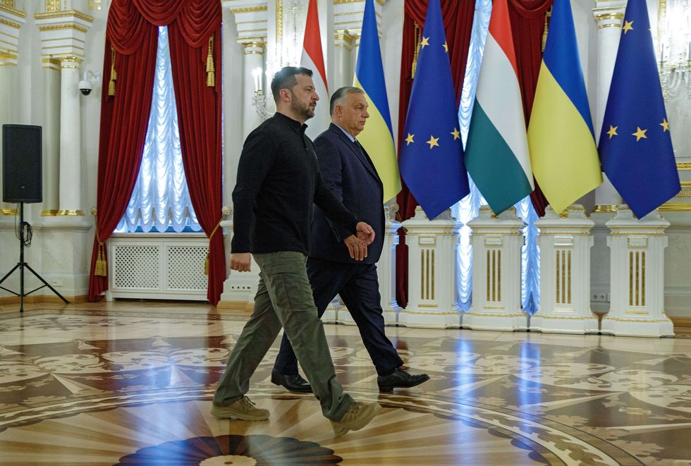 Photo of ​President of Ukraine Volodymyr Zelensky and Prime Minister of Hungary Viktor Orban are pictured before their joint news conference in Kyiv, capital of Ukraine.