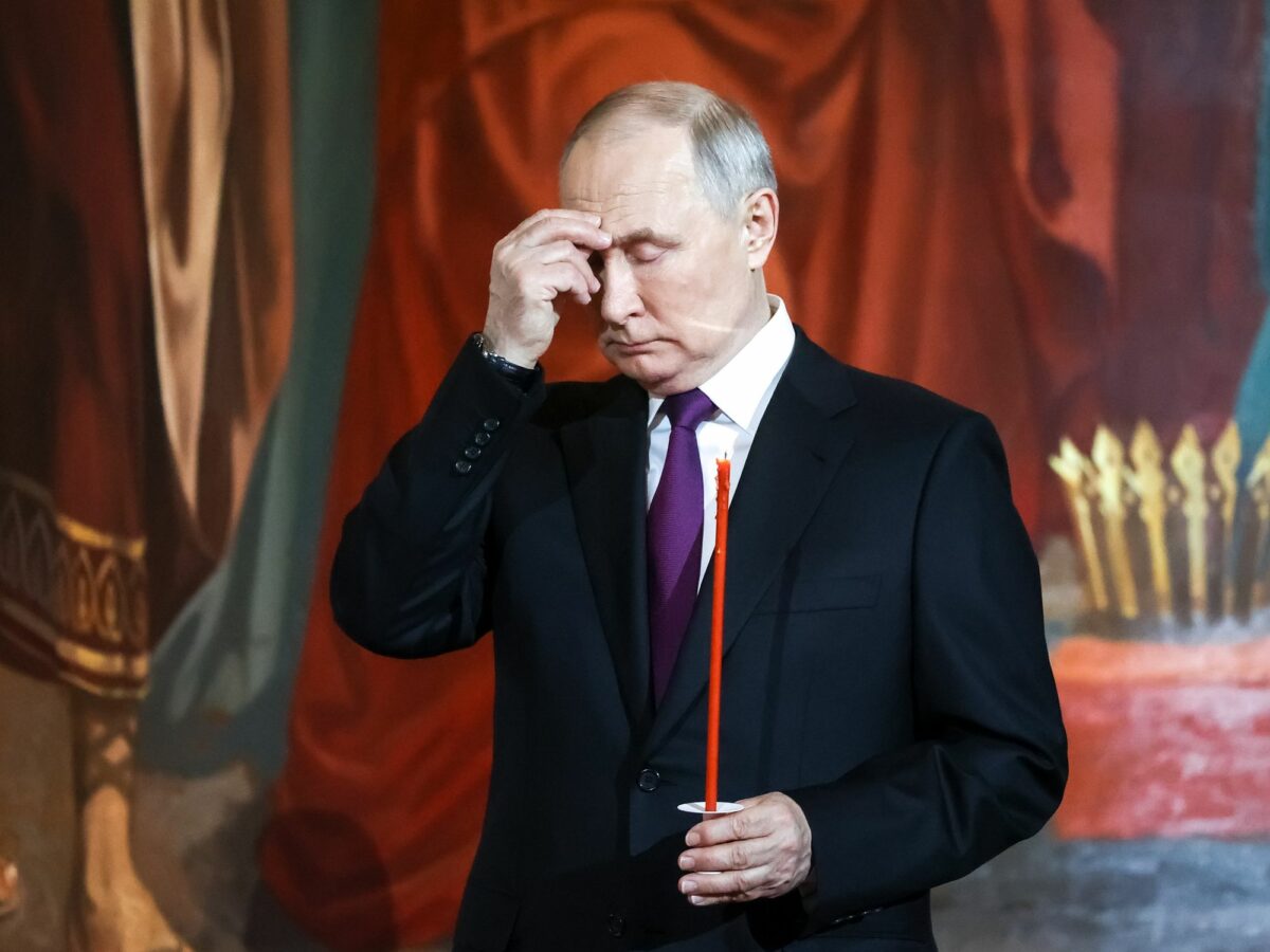 Photo of ​Russian President Vladimir Putin attending an Orthodox Easter service at the Cathedral of Christ the Savior in Moscow.
