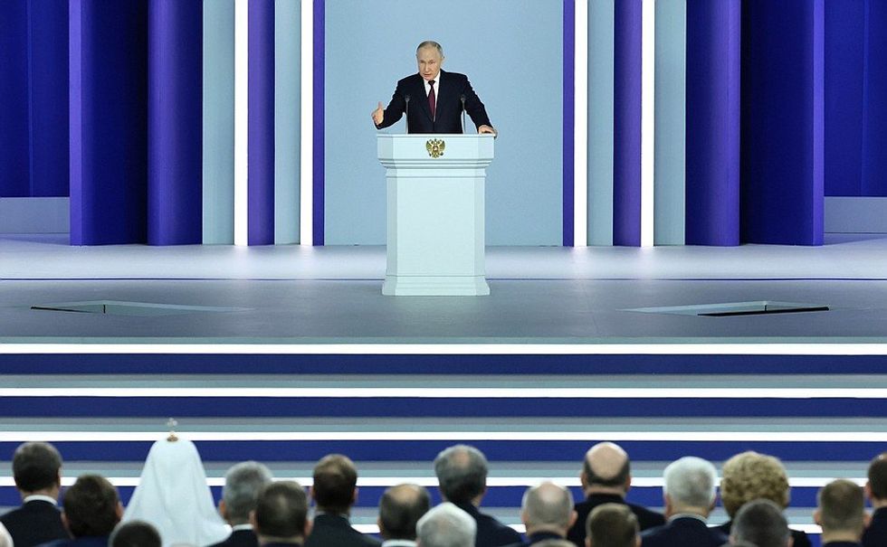 Photo of ​Russian President Vladimir Putin giving his state of the nation address in Moscow on Feb. 21