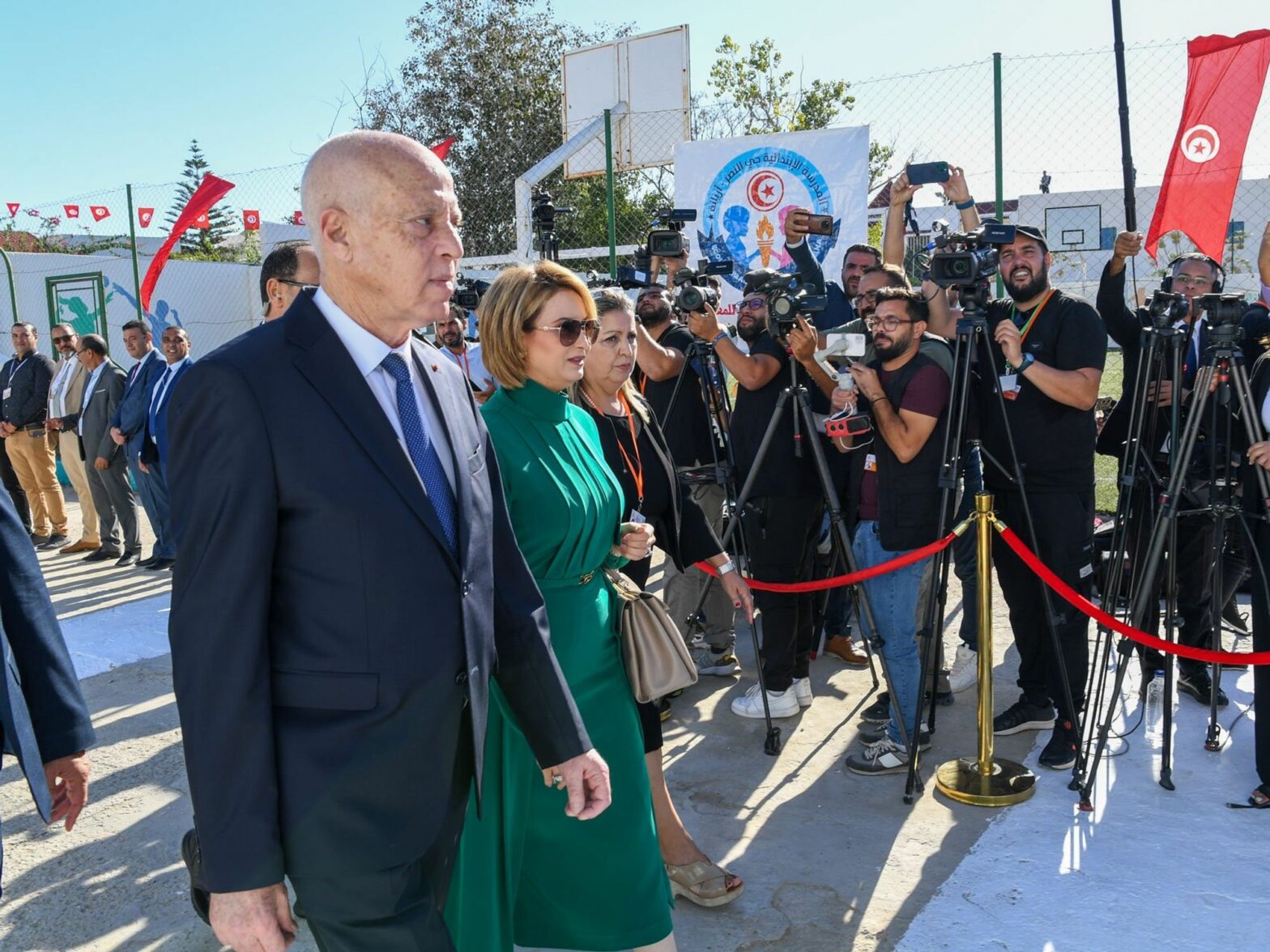 Photo of ​Tunisian President Kais Saied and his wife Ichraf Chebil on election day in Tunis