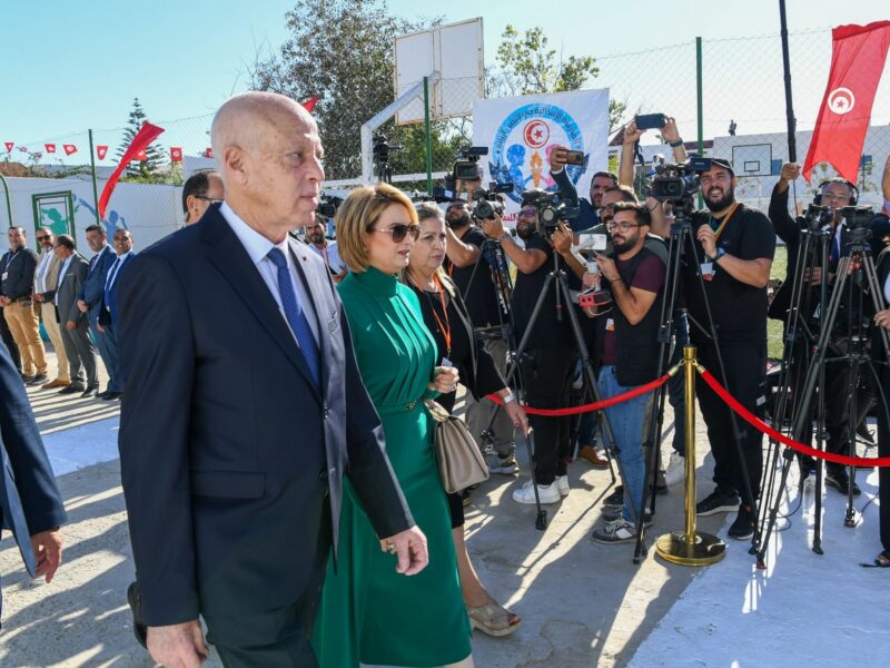 Photo of ​Tunisian President Kais Saied and his wife Ichraf Chebil on election day in Tunis